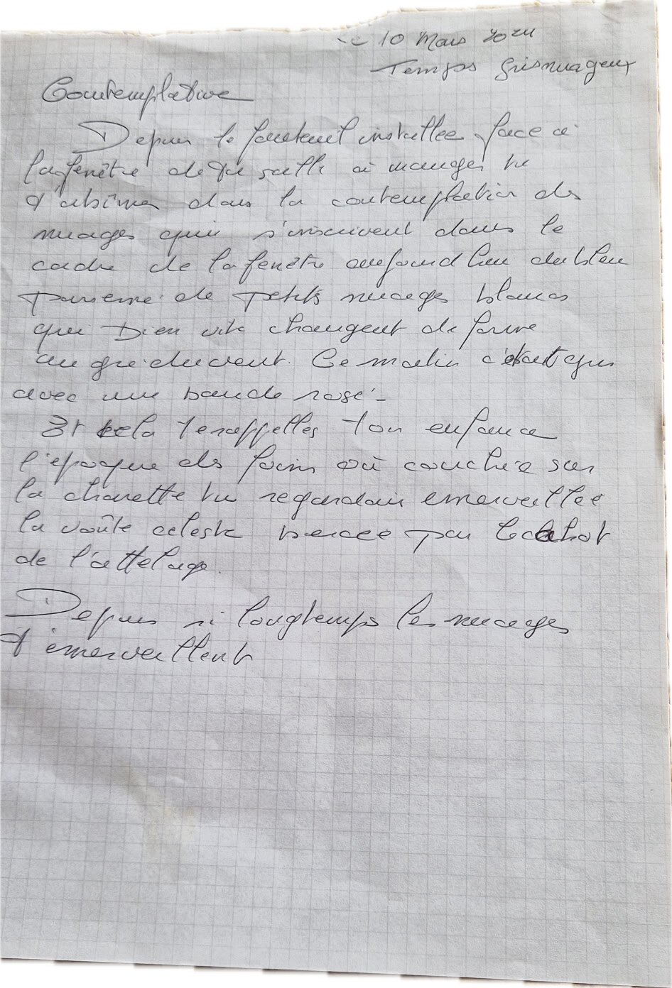 La lettre manuscrite d'Elyane, sur une feuille quadrillée